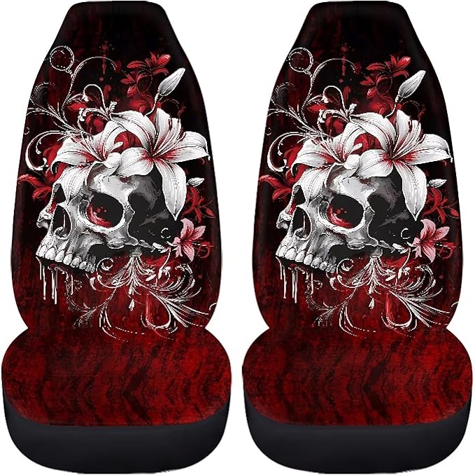 Halloween Skull Car Seat Covers 2 Pcs Car Seat Covers Front Seats Only Breathable Breathable Easy to Install Anti-Slip Back Fabric Universal Fit for Auto Truck Van SUV