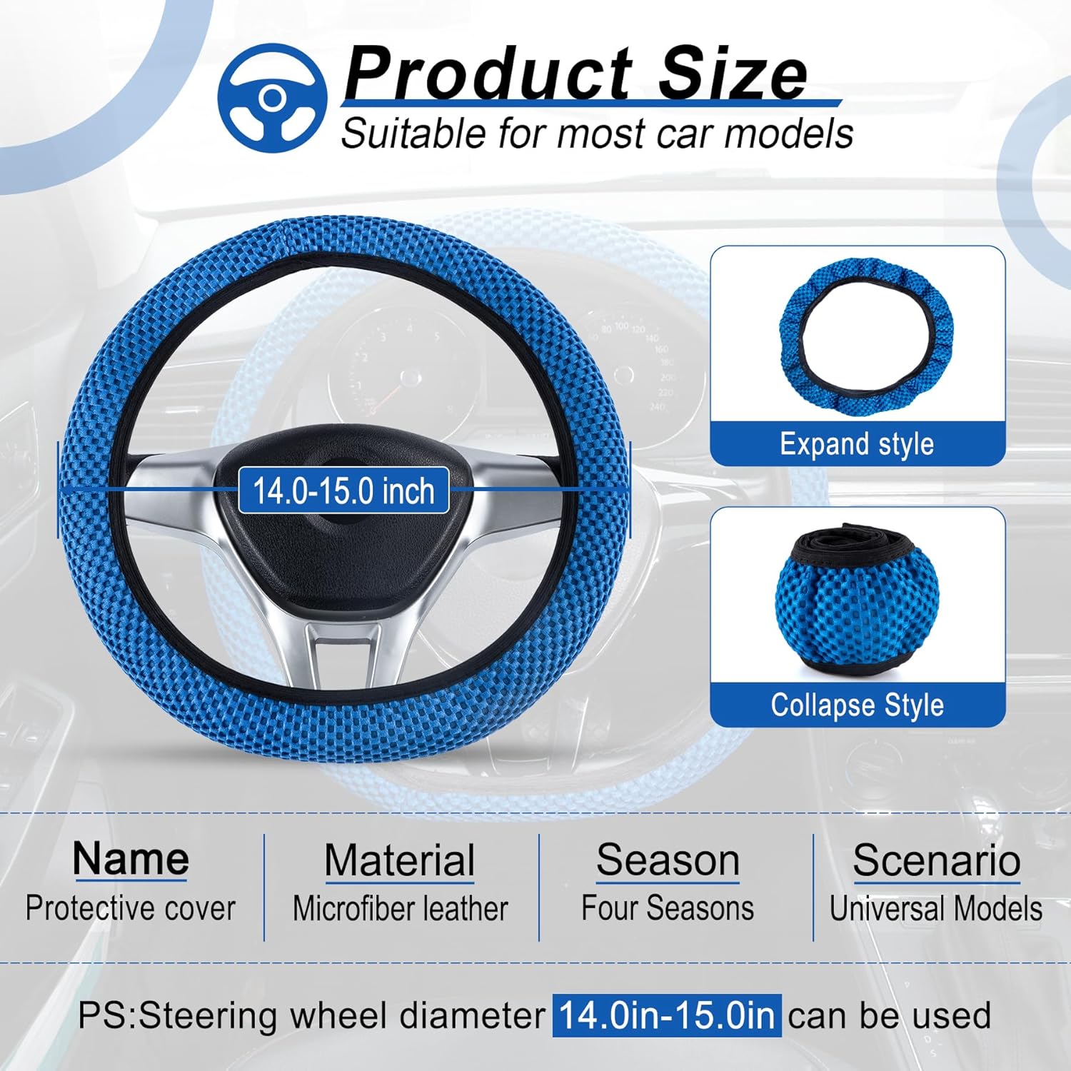 alpmosn Elastic Stretch Steering Wheel Cover, Universal Interior Accessories Steering Wheel Cover for Women & Men, Breathable Microfiber Ice Silk, Anti-Slip, Odorless, Easy Carry(Blue)