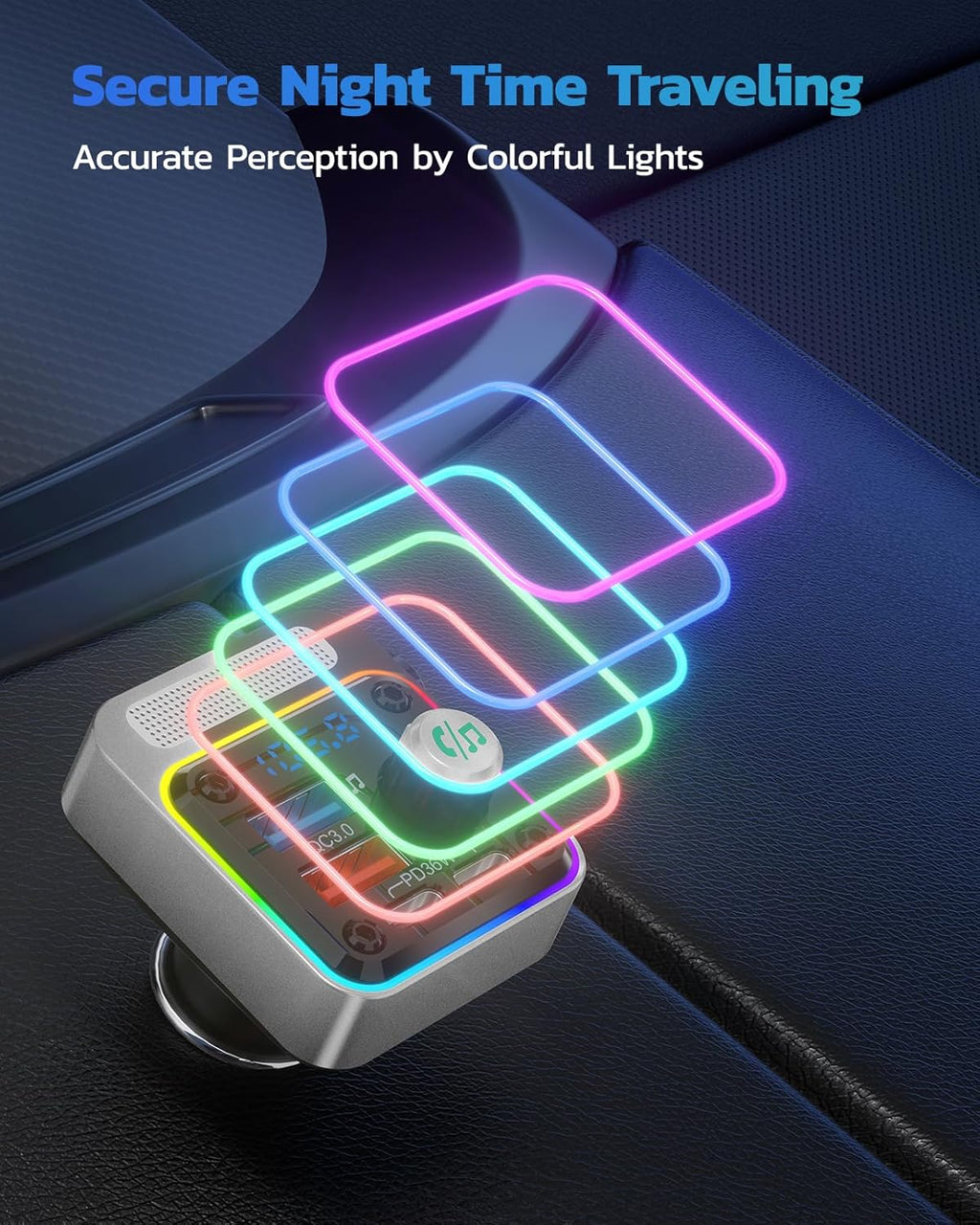 Nulaxy 54W Bluetooth 5.3 Car Adapter with 4 Charging Ports [PD 36W & QC3.0 18W], Wireless Radio FM Transmitter with Deep Bass Player & 5 Colors LED Backlit, Hands-Free Calling - Silver