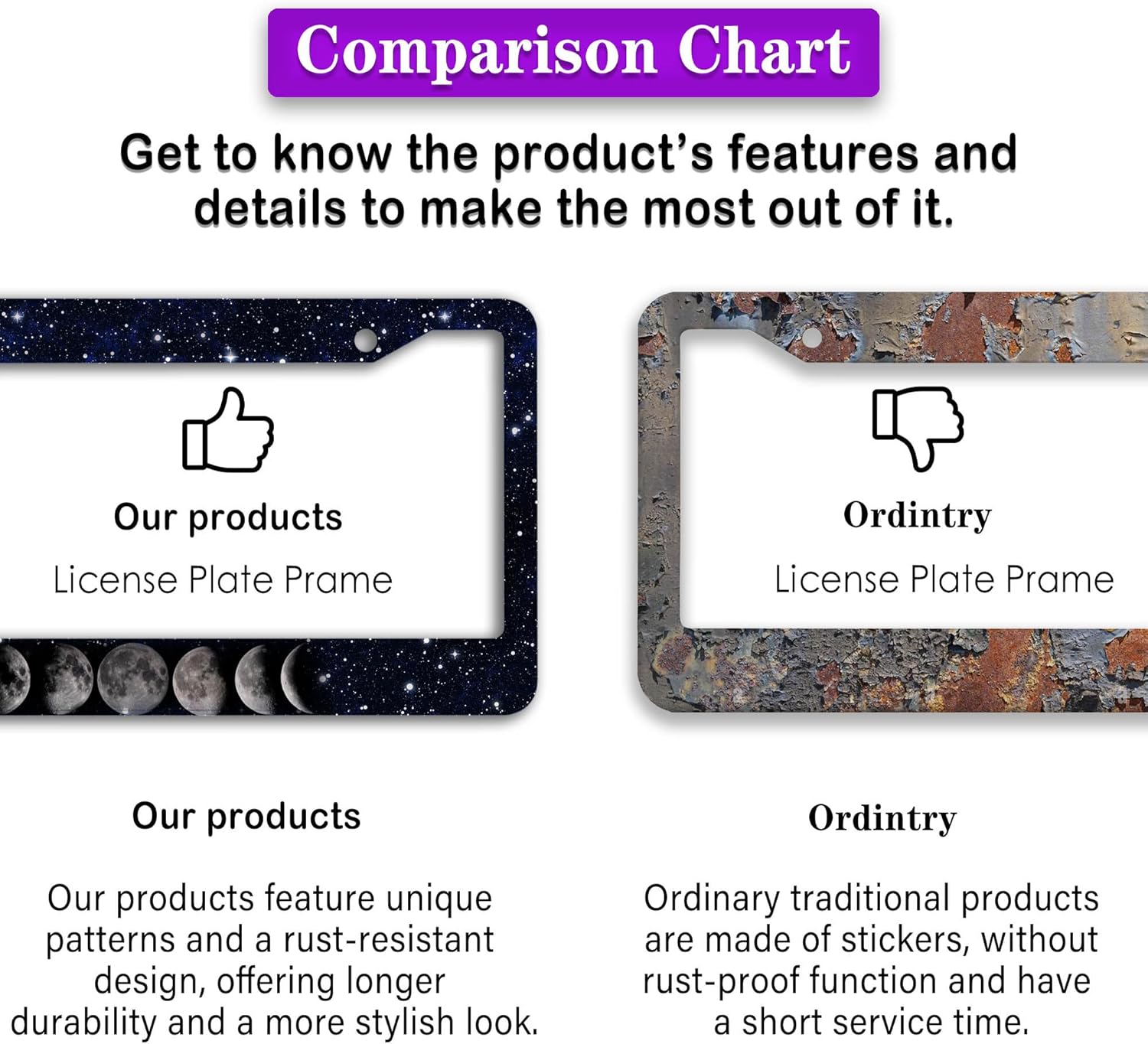 Automotive Exterior Accessories Black and White License Plate Frames Celestial Moon Phases Aluminum Metal Car Accessory 2 Pack with Screw Covers Set