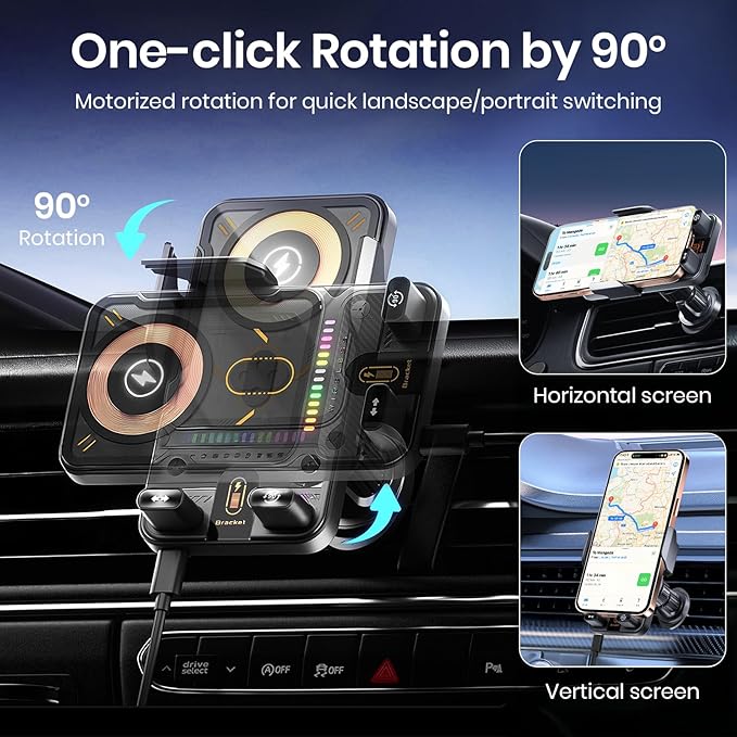 Car Phone Holder with 15W Wireless Car Charger, Car Vent Mount with Induction Opening and Closing, Air Vent Phone Stand with Horizontal and Vertical Screen Rotation Adjustment for iPhone -Sliver