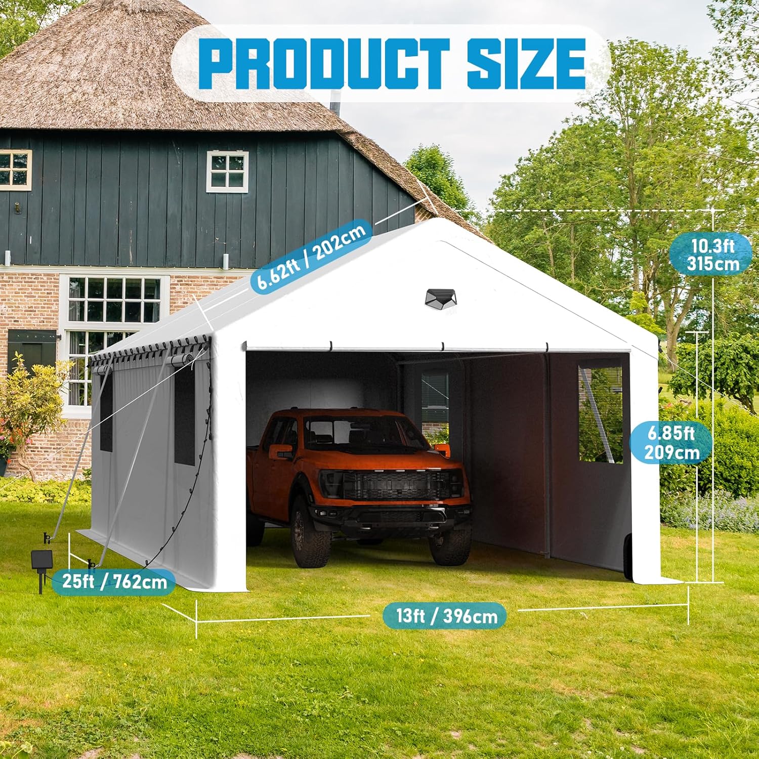 13x25 Carport Canopy, Heavy Duty Car Port, Portable Car Ports Garage with 2 Roll-Up Zipper Drive Through Doors, White