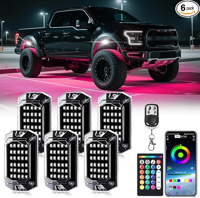 6 Pods Full Angle RGB LED Rock Lights for ATV UTV RZR Offroad Golf Cart SXS Truck Jeeps,Waterproof Multicolor Neon Underglow Kit with APP/RF Remote, 12Volt Underbody Lights