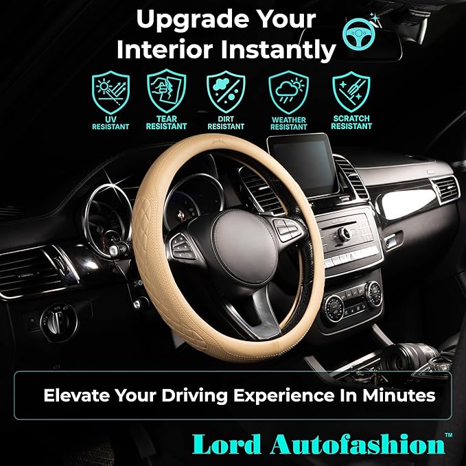 Lord Autofashion Steering Wheel Cover – PU Leather, Non-Slip Rubber Inner, All-Season Comfort – 14.5–15 Inch (Beige 9366)