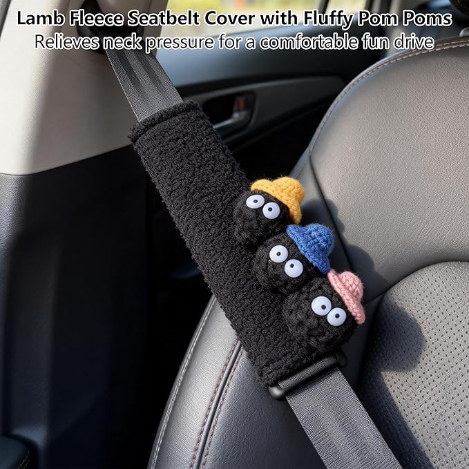 Car Headrest Pillow & Steering Wheel Cover Set with Cute Big-Eyed Black Travel Neck Support Pillow Fur Car Interior Accessory (Safty Belt Cover 2PCS)