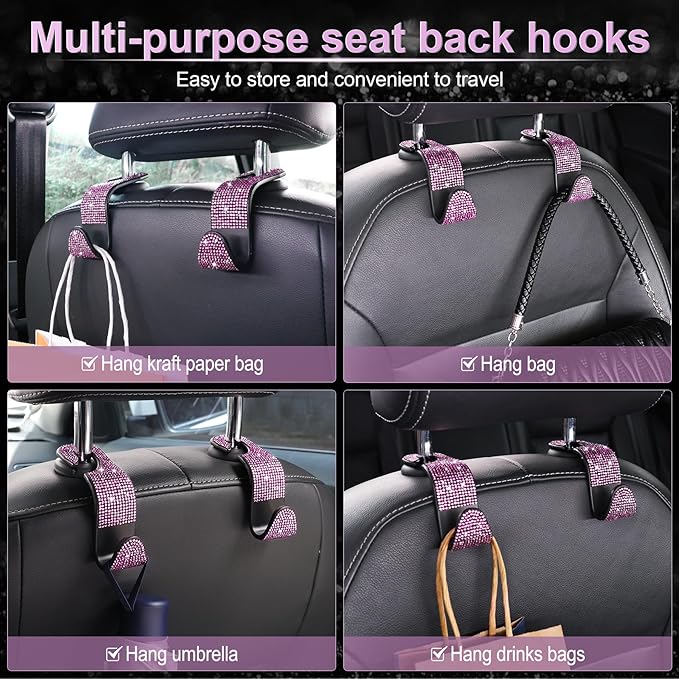 LivTee Car Seat Headrest Hook, Auto Seat Hook Hangers Storage Organizer Interior Accessories for Purse Coats Umbrellas Grocery Bags Handbag, 4-Pack(Bling Pink)