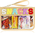 Snack Bag for Travel - Clear Chenille Varsity Letter Flat Pouch with Zipper, 12.2×8.46 inch Waterproof Clear Nylon Preppy Patch Makeup Cosmetic tote Bags for Women Girls