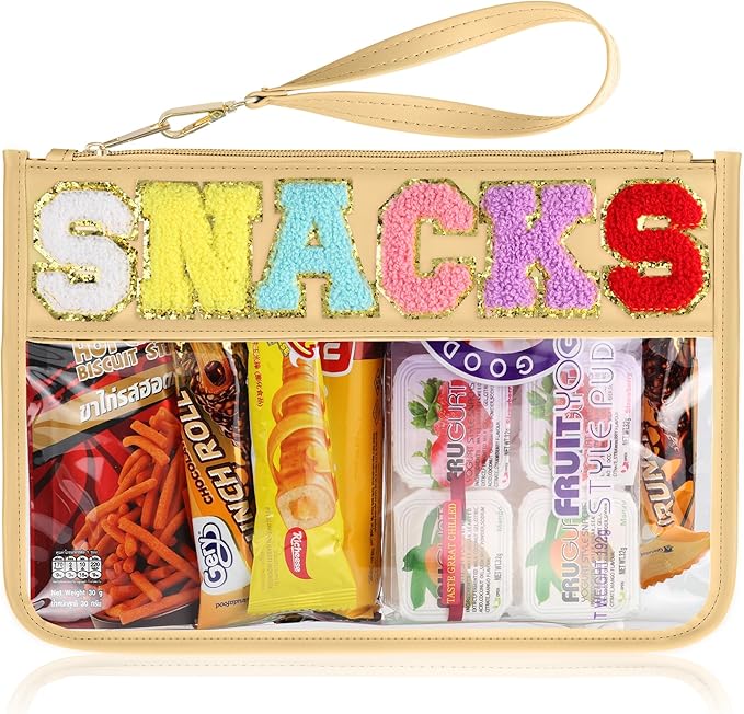Snack Bag for Travel - Clear Chenille Varsity Letter Flat Pouch with Zipper, 12.2×8.46 inch Waterproof Clear Nylon Preppy Patch Makeup Cosmetic tote Bags for Women Girls
