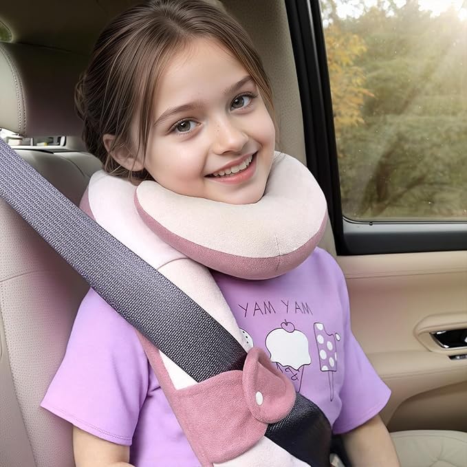 Kids Travel Neck Pillow, Toddler Travel Pillow for Car & Airplane and Head & Chin Support, Comfortably Travel Neck Pillow for Road Trip Sleeping, Gifts for Toddler/Child/Kids (Pink & Beige)