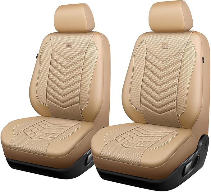 CAR PASS 3D Foam Mesh Leather Car Seat Covers Front Seats, Tan Breathable Front Seat Cover for Cars, Comfortable Universal Fit for SUV Truck Sedan Automotive Anti-Slip Airbag Compatible, All Beige