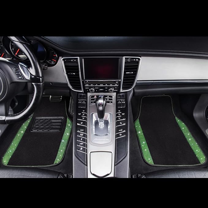 CAR PASS Shining Rhinestones Carpet, Bling Crystal Diamond Sparkly Glitter Car Floor Mats with Anti-Slip PVC Heel Pad Automotive Universal for SUV,Sedan,Car,Van,4pcs for Girl Women Green Diamond