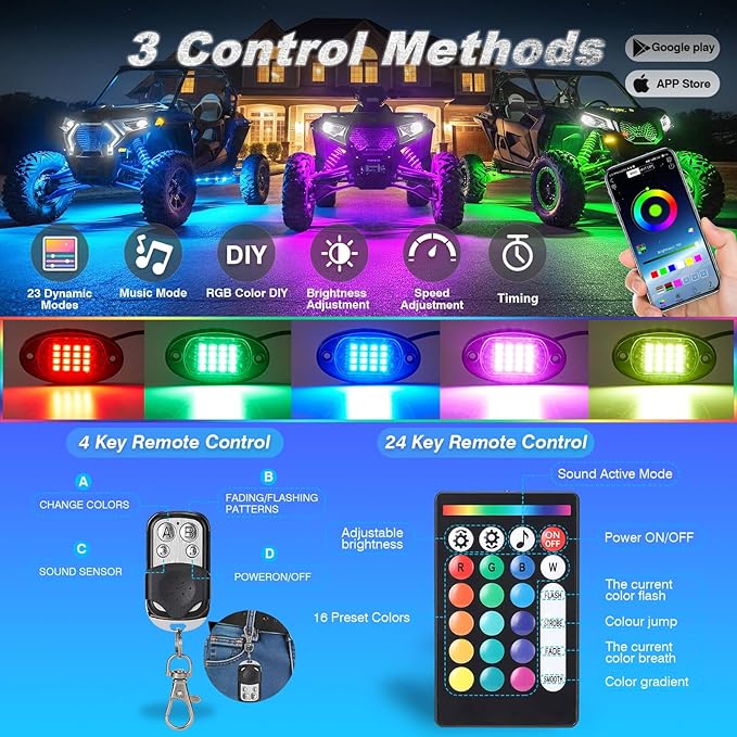 6Pods RGB LED Rock Lights for UTV SXS RZR Can-Am Four Wheeler Side by Side ATV Offroad Golf Cart, Multicolor Underglow Light Kit with APP/RF Remote Dual Zone Neon Vehicle Accent Light 12V Waterproof
