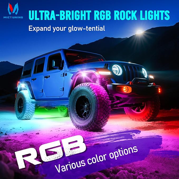 MICTUNING Q1+ MAX 8 Pods Ultra-Bright RGB Rock Lights, Multi-Color Chasing Underglow Lighting, Extensible to 24 Pods, APP Music Sync & DIY Effects, IP68 Waterproof