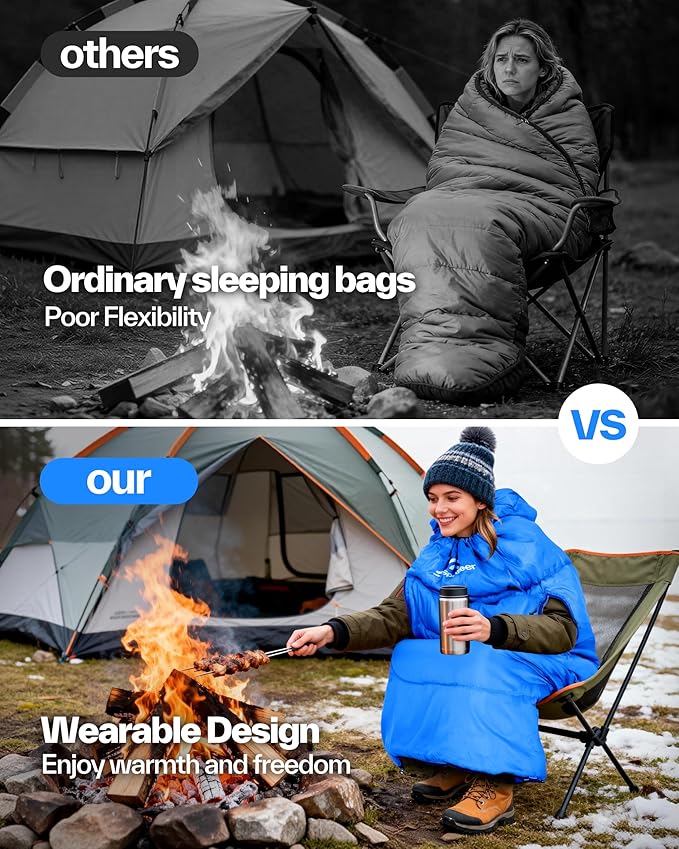 Sportneer Wearable Sleeping Bag for Adults & Kids – Walkable with Arm Zippers, Warm Weather & Cold Waterproof, Compact for Camping, Stadiums, Travel, Backpacking & Car Use