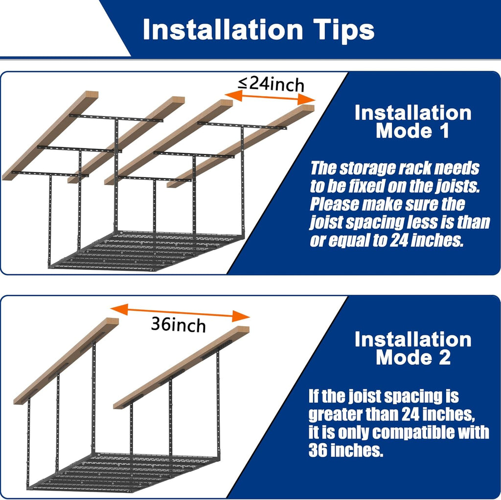 GIOTORENT 3x8FT Heavy Duty Overhead Garage Storage Rack - Adjustable Ceiling Shelving with 600lbs Weight Capacity, Metal Garage Organization System, Black