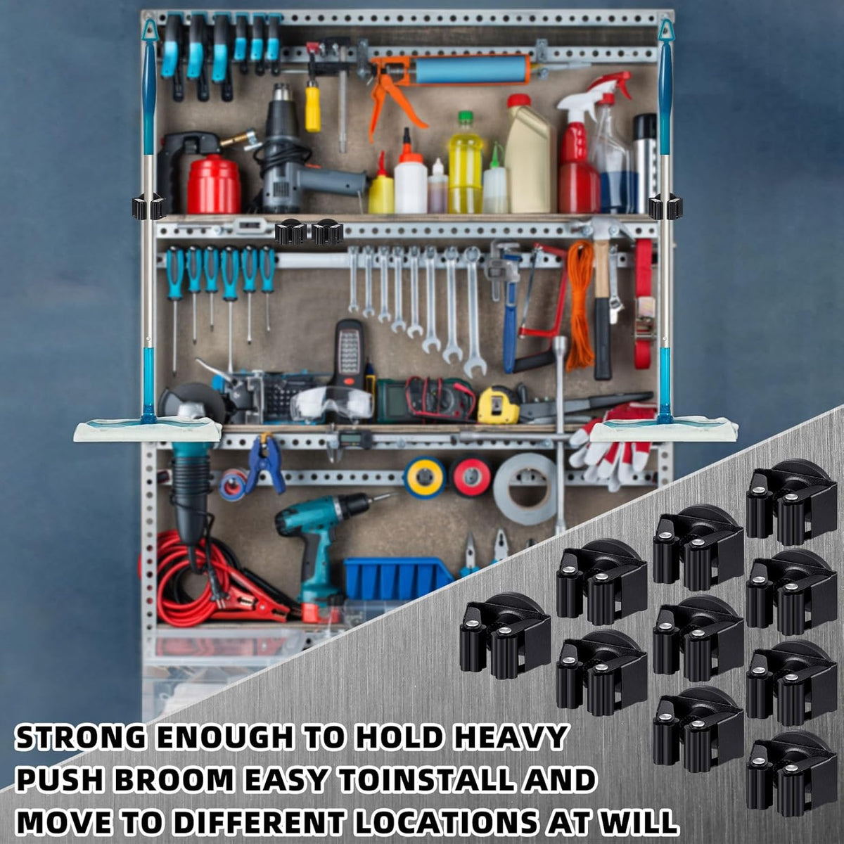 10 Pcs Magnetic Mop Broom Holder Movable Magnetic Broom Holder Rack, Anti Slip Wall Mounted Utility for Cleaning Tools, Garage, Kitchen, Laundry, Garden (Black)