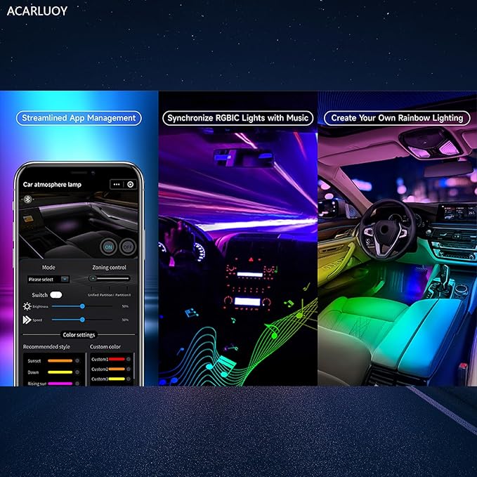 Acrylic Car LED Ambient Light, Fiber Optic Interior Light Strip, 24 Million Types, Ambient Light KKT that Swings with The Melody of Music (RGB Color 18 in 1)