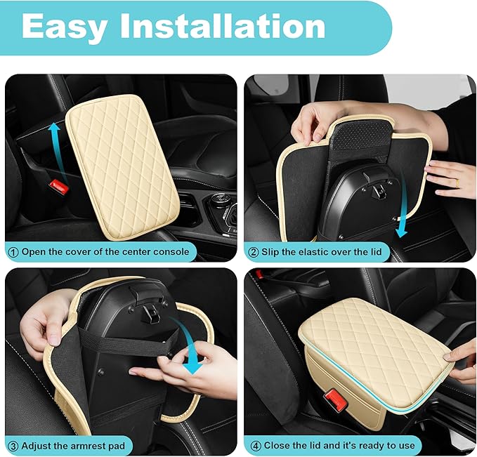Center Console Cover Fit for Kia Sorento 2003-2025 with 2 Storage Bags Waterproof Leather Quilted Pattern Car Armrest Cover Cushion Anti - Slip(Beige&White Line)
