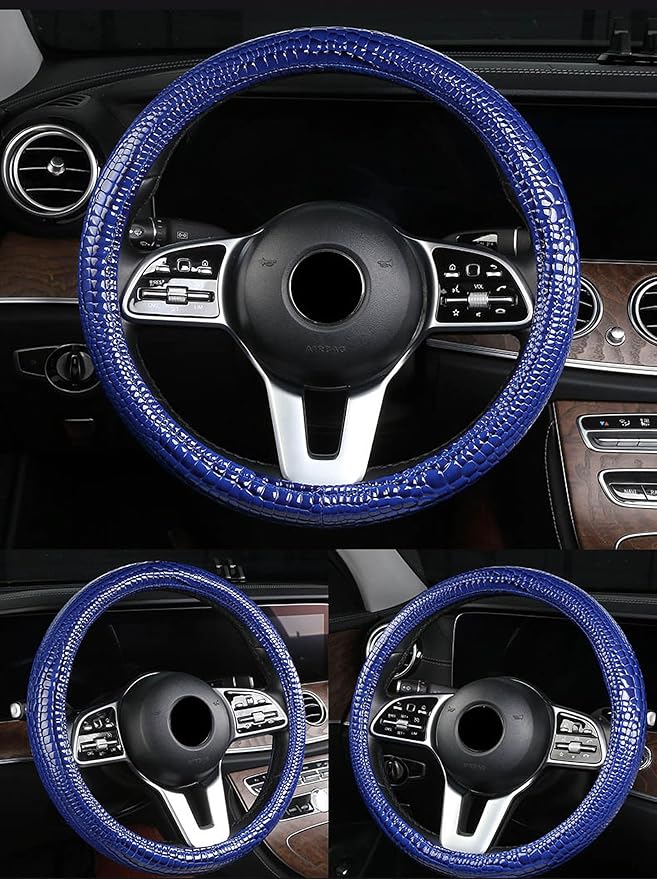 Luxury Crocodile Texture Glossy Leather Car Steering Wheel Cover, New Universal 15 Inch Vehicle Steering Wheel Cover for Cars, Trucks, Suvs, Pickups Interior Accessories (Blue)