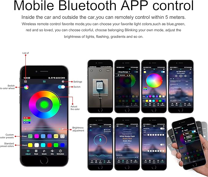 64 Colors Car Ambient Lighting Footwell APP Control Multicoloured Music Car Atmosphere Decorative Lighting Kit 1W DC 12V-24V