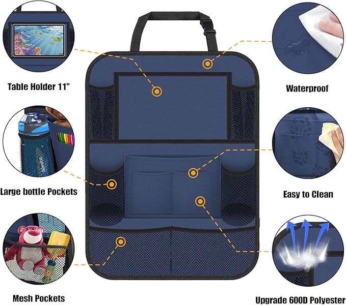 ULEEKA Car Backseat Organizer with 11" Table Holder, 10 Storage Pockets Seat Back Protectors Kick Mats for Kids Toddlers, Travel Accessories, 2 Pack, Blue