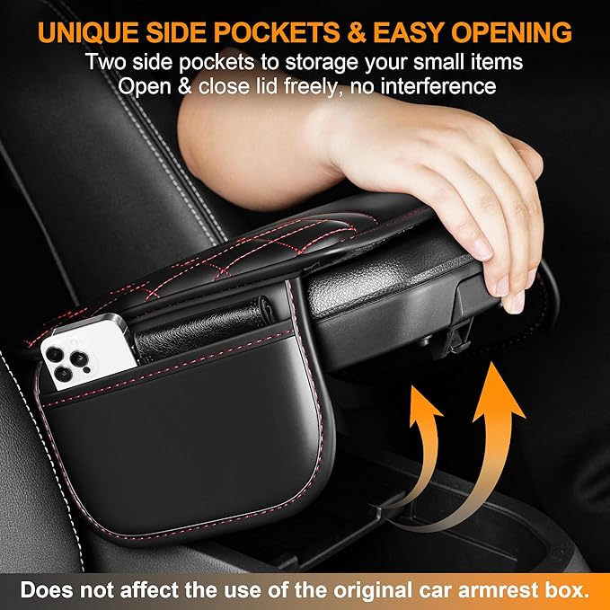 Car Center Console Cover Fit for Jeep Wrangler - Leather Armrest Covers with 2 Storage Pockets(Black&Red)