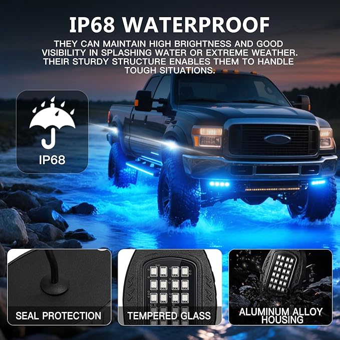 12 Pods Segmented Alloy RGB LED Rock Lights for Trucks Jeeps Golf Cart Offroad ATV UTV SXS, Waterproof Shockproof Metal Underglow Kit with APP/RF Control Sync Music Multicolor Underbody Fender Light