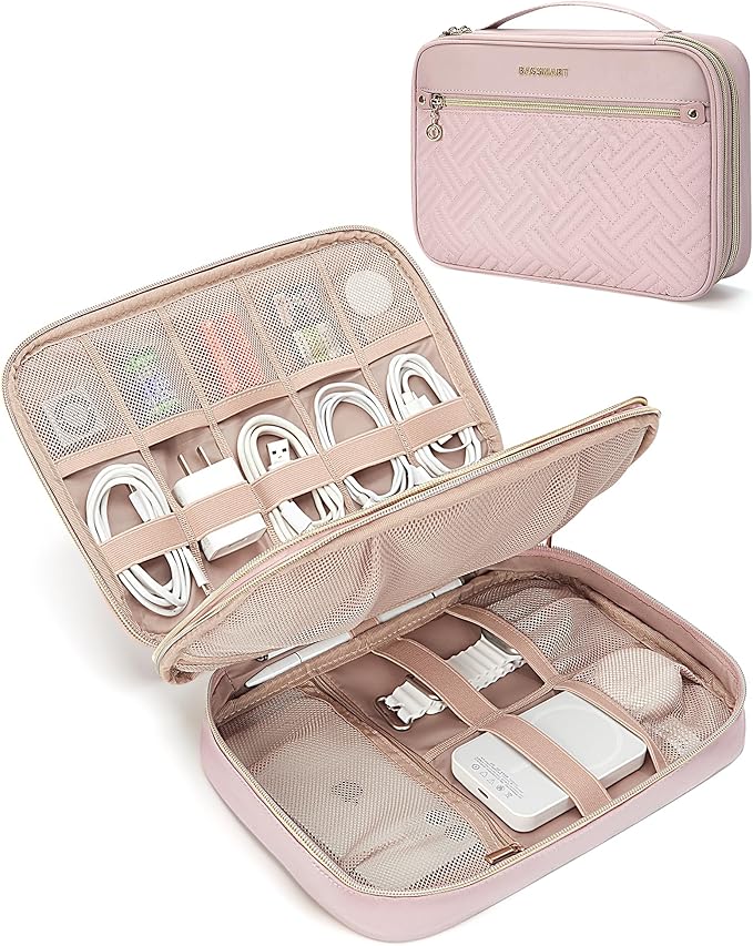 BAGSMART Electronic Organizer Case - Double Layer Cord and Tech Travel Organizer Bag for Charging Cables, Pink