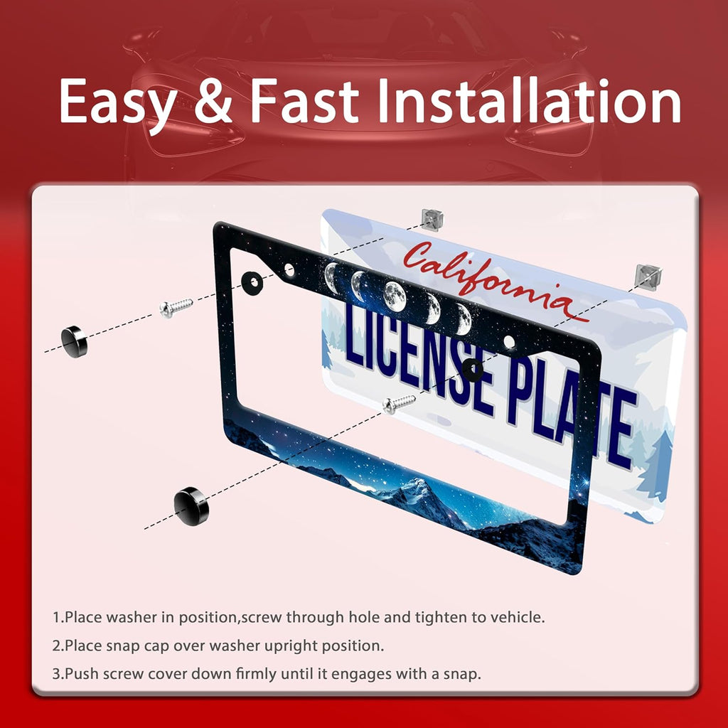 Personalized License Plate Frame Moon Phase Mountains Stainless Steel Accessory License Plate Holder Funny Car Decorative 2 Holes Screws Fits Us Standard License Plates 12.2 X 6.3 in for Men Women
