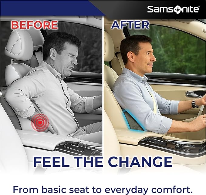 Samsonite Ergonomic Lumbar Pillow for Office Chair and Car Seat - Memory Foam Back Support Lumbar Pillow, Premium Cushion Chair Support for Lower Back Pain Relief and Versatile Use (Grey)