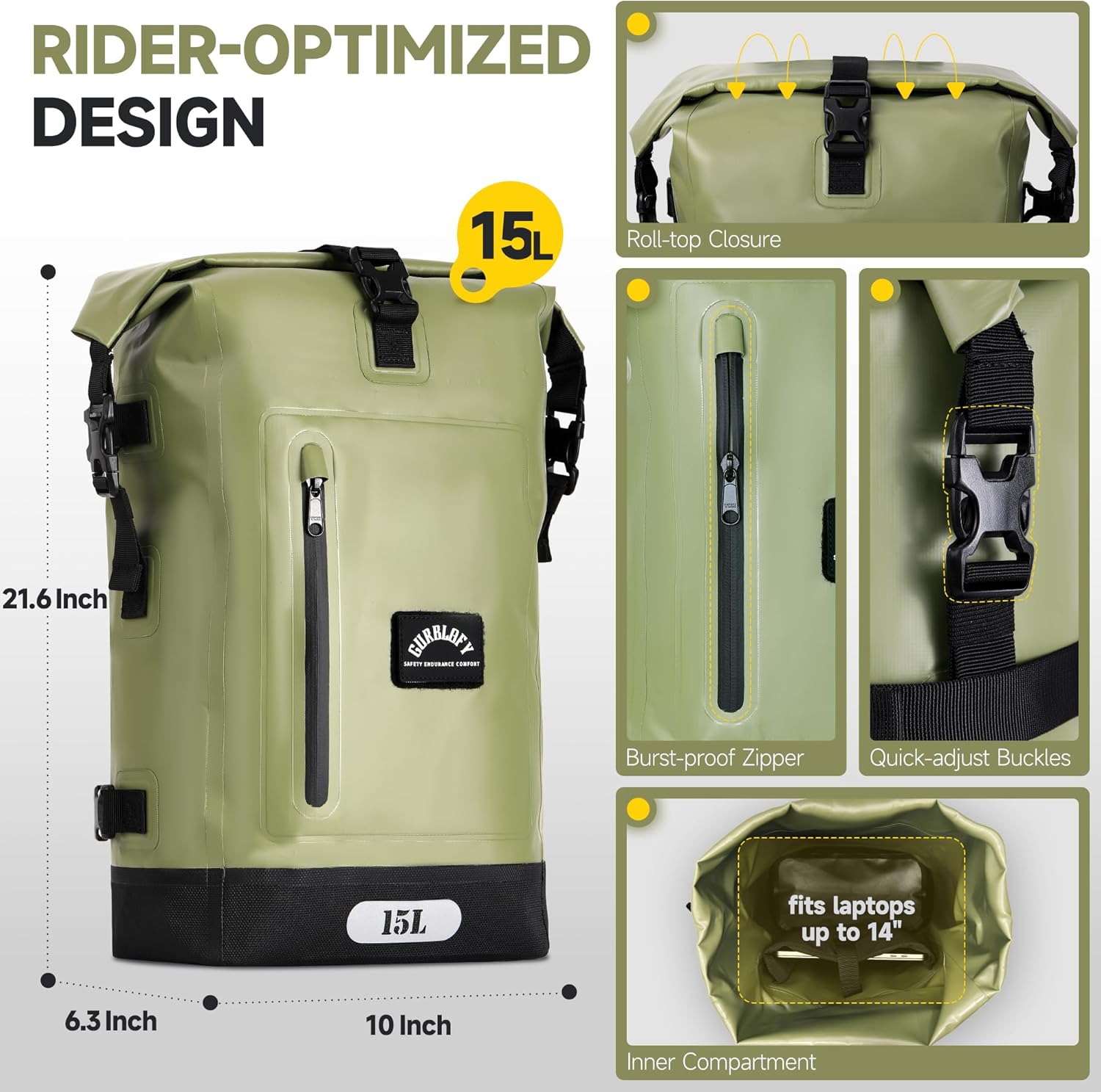 Motorcycle Saddle Bag, 15L Waterproof Motorcycle Tail Bag, 2 Size and 3 Color Options Travel Bag, PVC Bag, Rear Seat Bag, Backpack Field Green GT-15GN