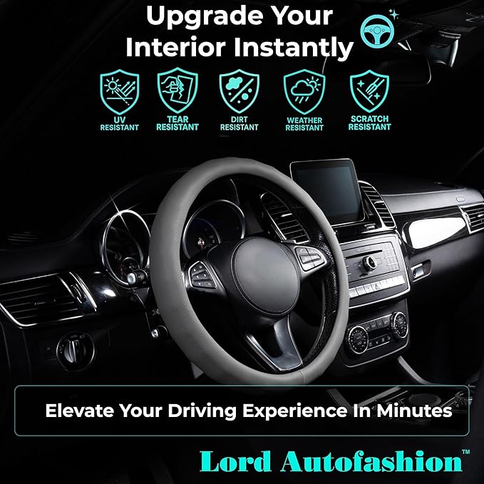 Lord Autofashion Steering Wheel Cover – PU Leather, Non-Slip Rubber Inner, All-Season Comfort – 14.5–15 Inch (Grey 8399)