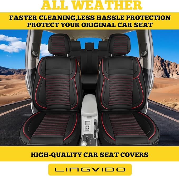 LINGVIDO Full Set Car Seat Covers, Faux Nappa Leather, Airbag Compatible and Waterproof Protectors for Sedans SUVs, Breathable Interior for Active Families, Pets, and Commuters (5 Seats, Black/Red)