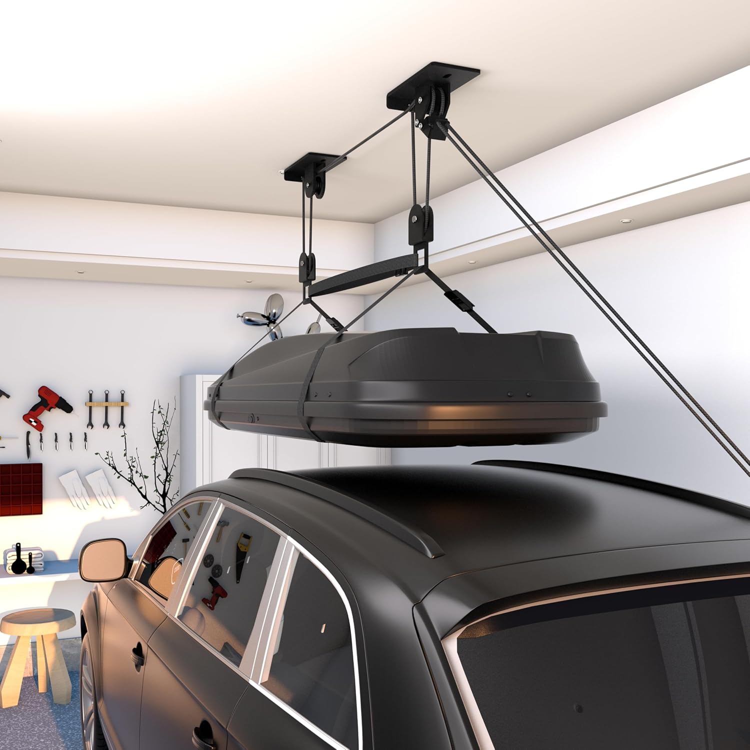 Cargo Box Pulley System for Garage Storage, Heavy-Duty Kayak/Canoes/Bikes/Ladders Ceiling Hoist, Hold Up to 150 lbs Capacity, Fit 10-18 Foot Ceilings, Black