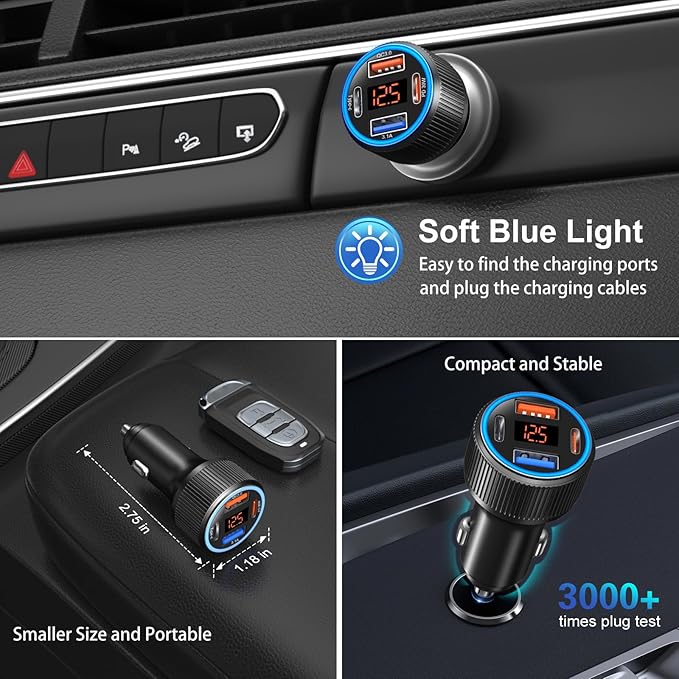 65W Dual USB C & USB A Car Charger Multi Port Cigarette Lighter Adapter with Voltmeter QC+PD 3.0 Fast Charging with 2 Pack Type C Cords