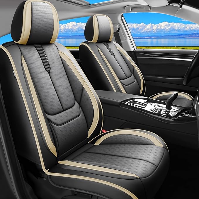 Fit Sonata Car Seat Covers for Hyundai Sonata 2004-2024 2025 2026 -Upgraded Premium Waterproof & Breathable Leather,Airbag Compatible,All-Weather Seat Cushion Protector,Full Set,Black-Beige