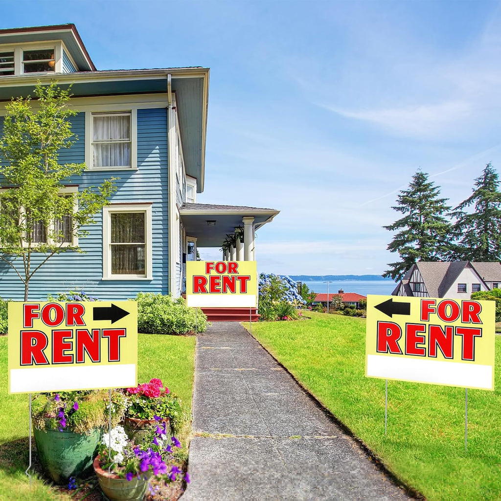 Marsui 3 Pcs Sale Sign 23.6 x 15.7 Inch Double Sided Sign with Stakes Blank Corrugated Plastic Signs with Directional Arrow and Metal Stake (for Rent)
