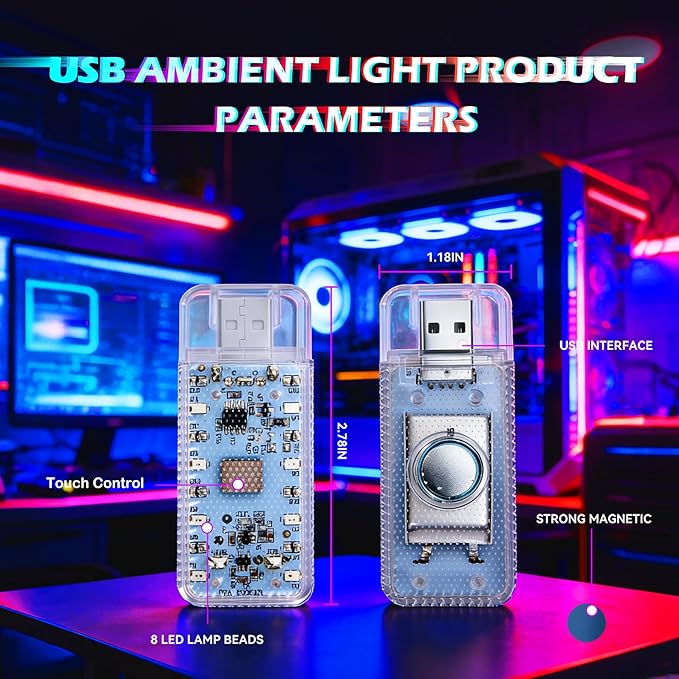 4 PCS Car LED Lights, USB Plug-in Rechargeable 8 High-Brightness LED Beads,Portable Mini Touch Control Dimmable Night Light for Car/Bedroom/Party/Holiday Decoration (2Red&2Blue)