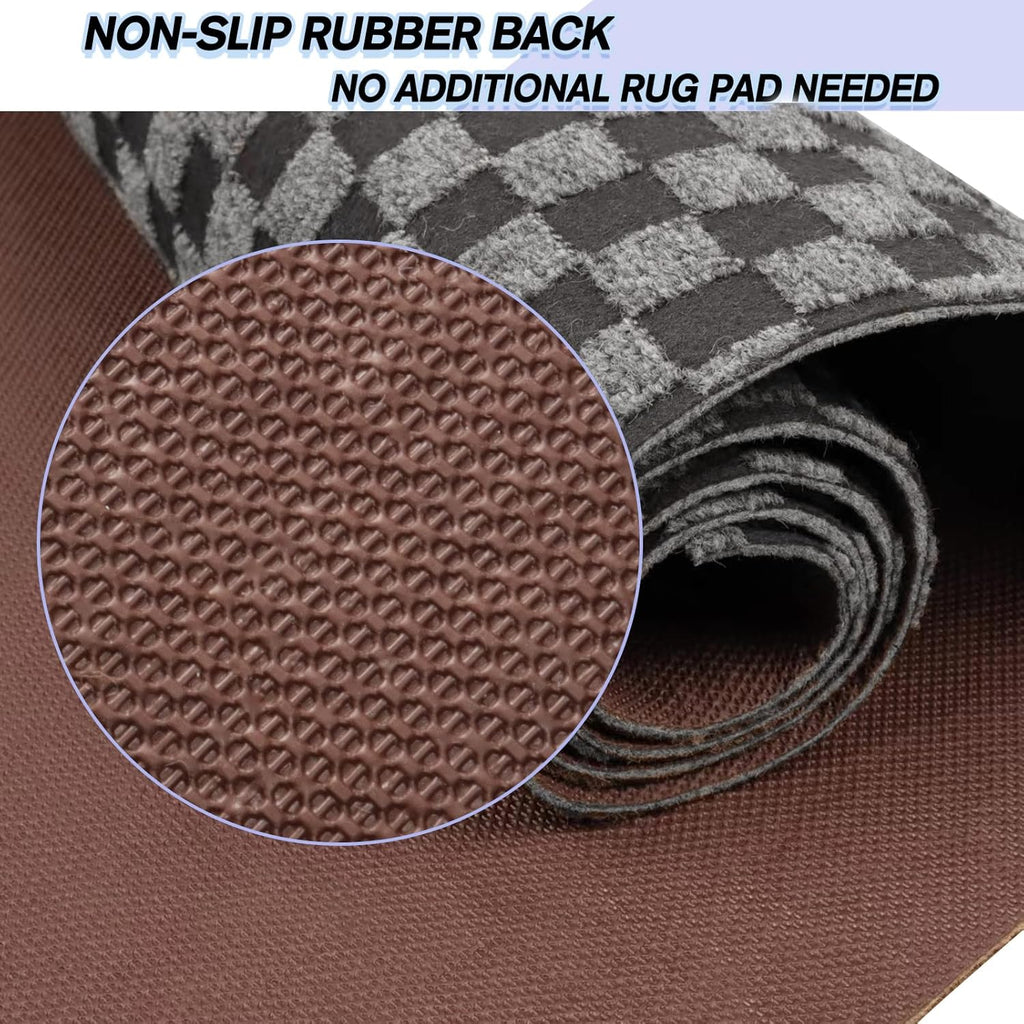 Custom Size Backed Non-Slip Area Rugs Runner, Easy Clean, Waterproof Runner Rugs for Hallway Entryway, Kitchen, Laundry, 2FT x 62FT, Gray Checkered