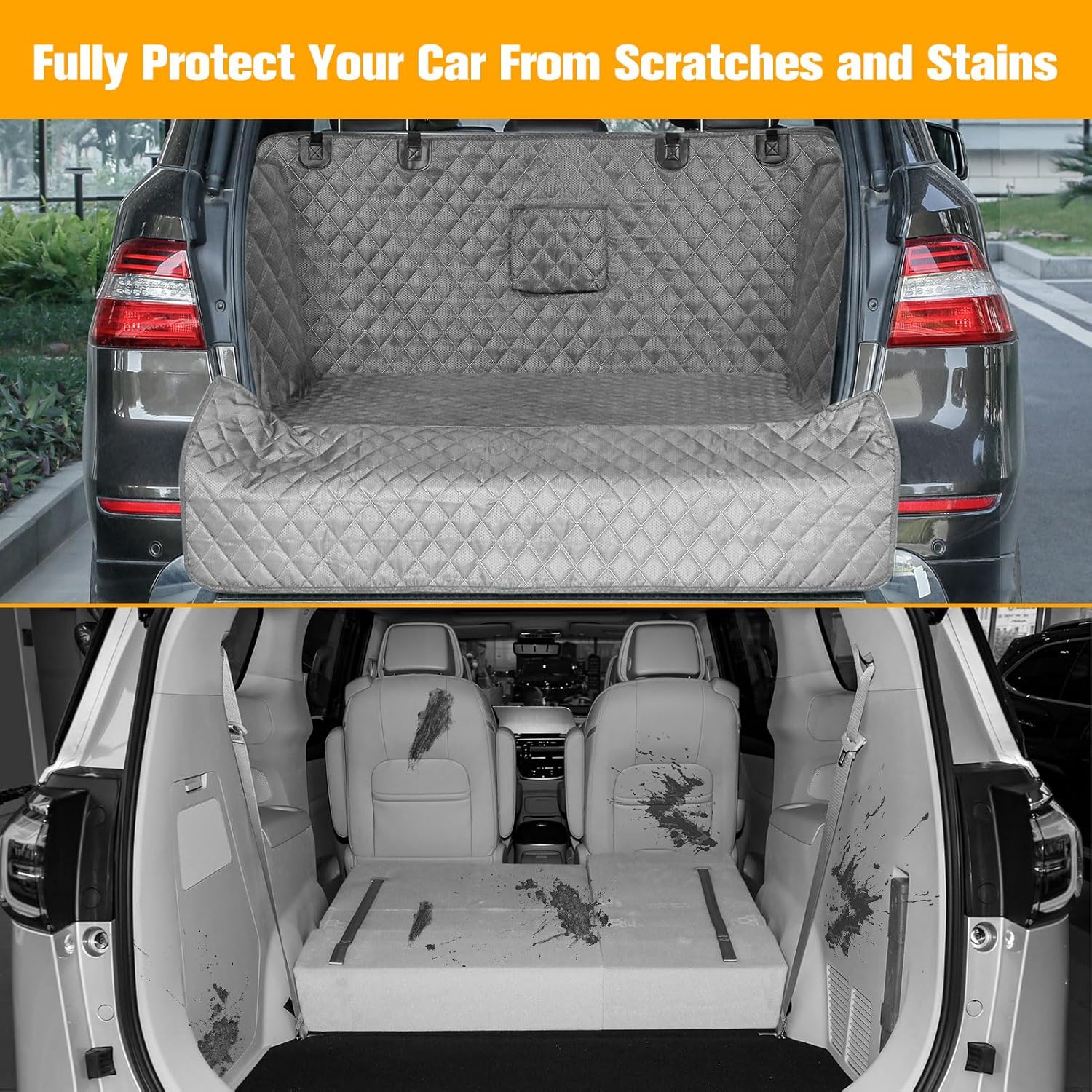 PETICON SUV Cargo Liner for Dogs, Waterproof Pet Cargo Cover Dog Seat Mat for SUVs Sedans Vans with Bumper Flap Protector, Non-Slip, Large Size Universal Fit, Gray