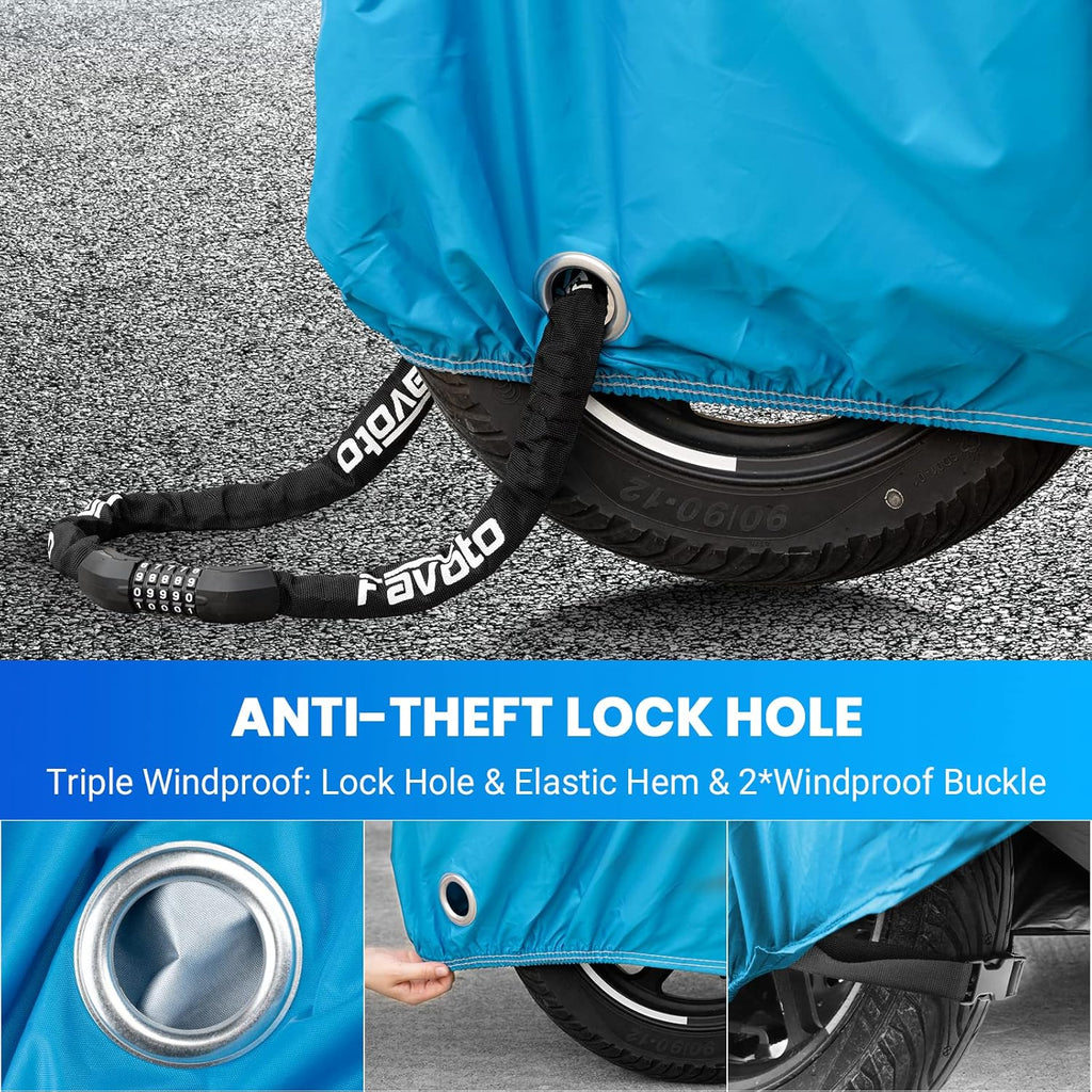 Favoto Motorcycle Cover Waterproof Outdoor - Universal Fit Motorbike Cover with 3 Night Reflectors Lock-Hole Carrying Bag Windproof Dustproof Rain Sun Protection (116 inch Length)