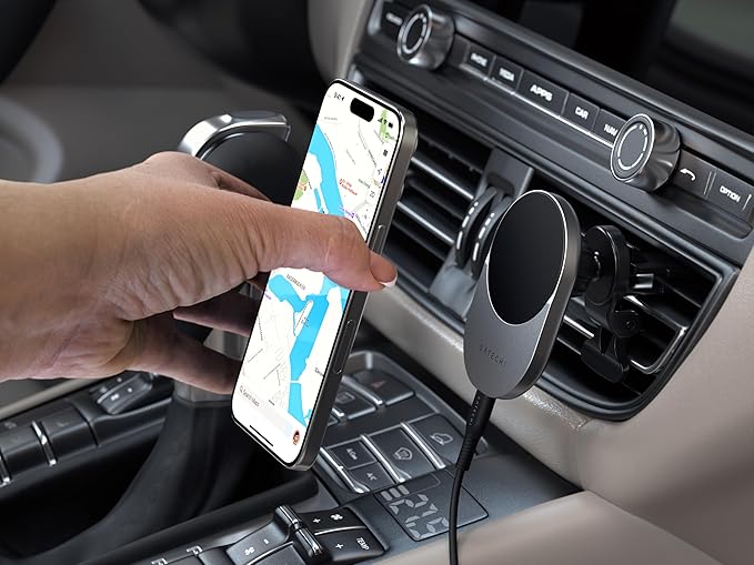 Satechi Qi2 Wireless Car Charger, Travel Friendly Car Phone Mount Charger for Air Vents, 15W Fast Chargers, for iPhone 17 to 12 Series