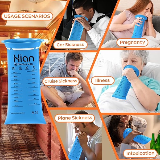 Hion Vomit Bags Disposable – 62 Pack 1000ml Emesis Bags – Leak Resistant, Medical Grade, Portable – Perfect for Motion, Car & Aircraft Sickness, Pregnant Women