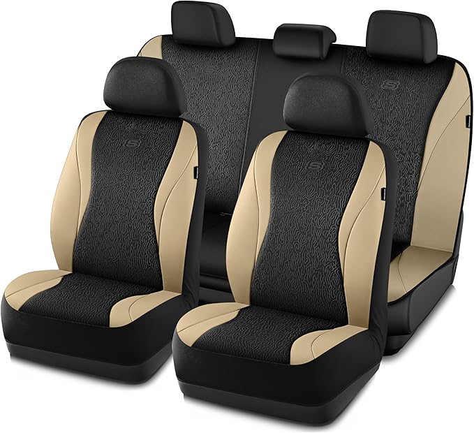 Skechers Car Seat Covers,Leather Seat Covers with GOGA Mat Technology,Waterproof Car Seat Covers Full Sets,Airbag Compatible,Comfort Universal Fit for Most Cars,Vans,Trucks,SUVs,Beige