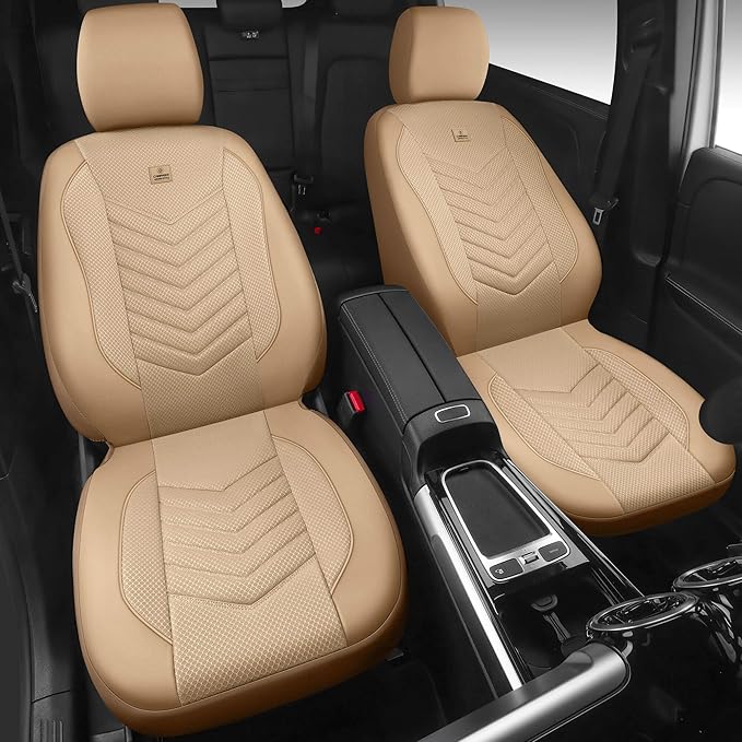 CAR PASS 3D Foam Mesh Leather Car Seat Covers Front Seats, Tan Breathable Front Seat Cover for Cars, Comfortable Universal Fit for SUV Truck Sedan Automotive Anti-Slip Airbag Compatible, All Beige