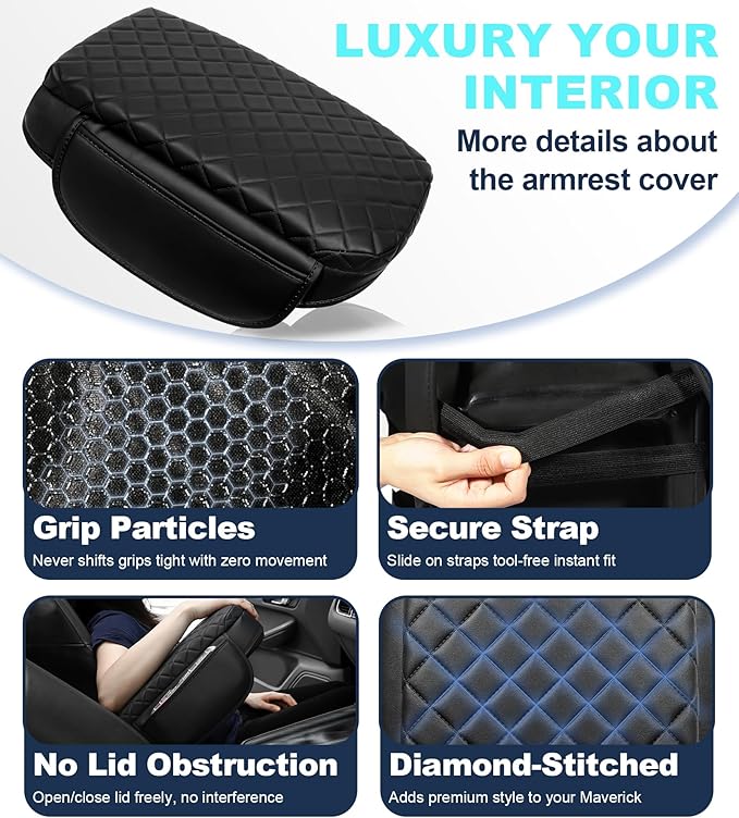 Armrest Cover for Ford Maverick 2022 2023 2024 2025 Center Console Pad with Organizer Storage Pockets, Black Faux Leather Arm Rest Lid Protector Cushion Interior Accessories