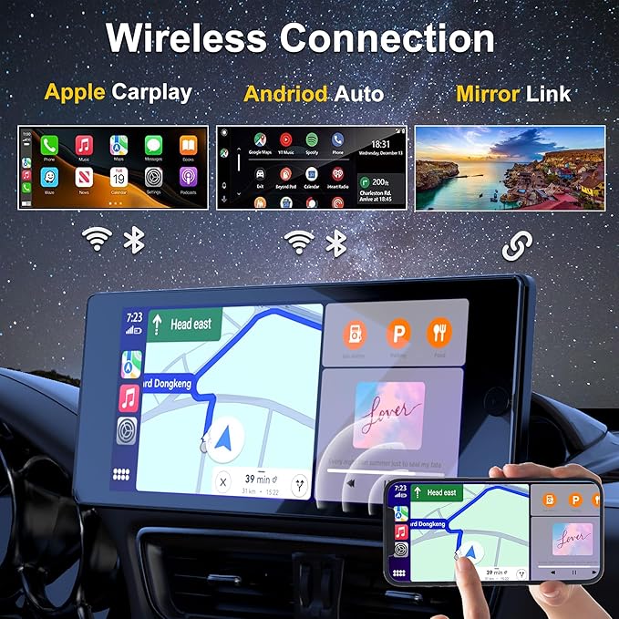 ASLONG 10.36" Wireless CarPlay Screen for Car & 4K 4CH Dash Cam with Android Auto, Portable HD Touchscreen Car Stereo with 1080P Backup Camera, GPS Navigation Mirror Link for Semi Trailer Truck