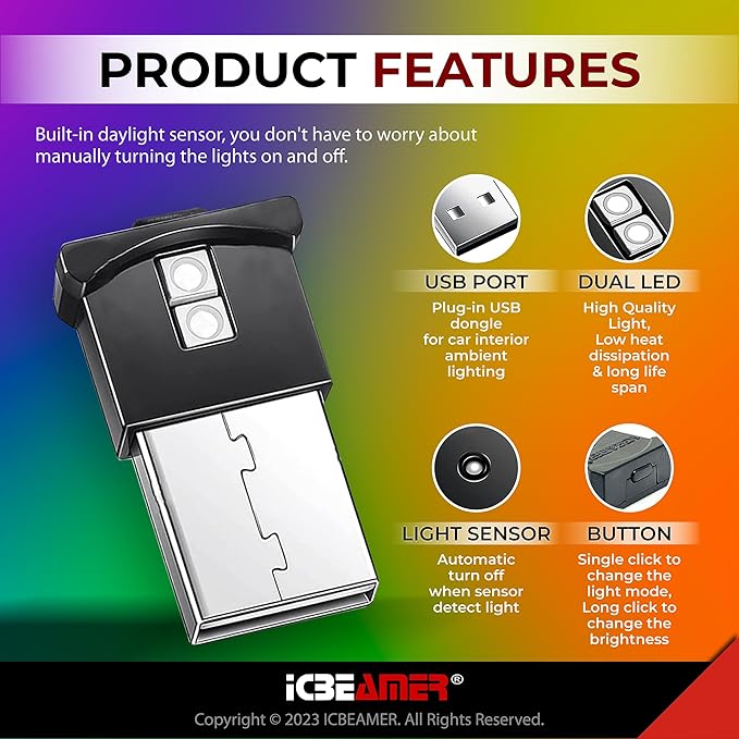 ICBEAMER Smart USB 1-Pack (Green) | Auto LED Interface Plug-in Miniature Night Light for Car, Van, Pickup, Truck, Interior, Trunk, Ideal for Ambient Lighting