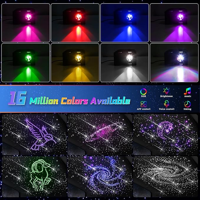 Car Starlight Headliner Kit, 16W Twinkle & Meteor Star Ceiling Lights, 2 in 1 Fiber Optic Light Engine 1100pcs*0.02in*9.8ft+240 RGBW Shooting Stars Lights for Car Home Roof Décor