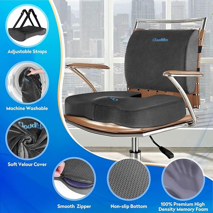CloudBliss Lumbar Support Pillow & Seat Cushion Set for Office Chair, Desk Chair, Wheelchair & Car – Memory Foam Back Support, Ergonomic Chair Cushions, Sciatica Pain Relief, Home Essentials, Grey